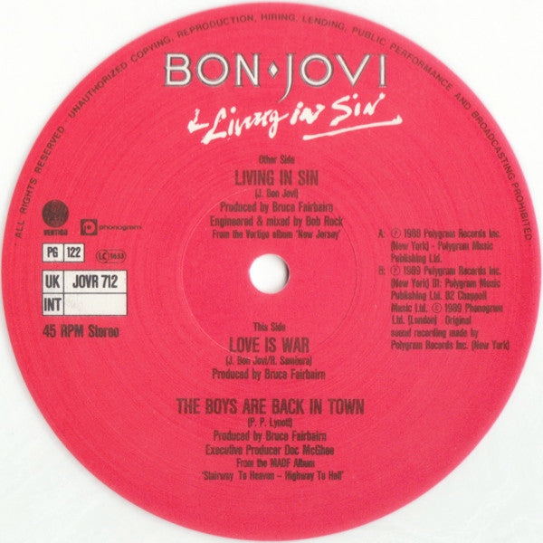 Bon Jovi : Living In Sin (12", Single, Ltd, Whi)