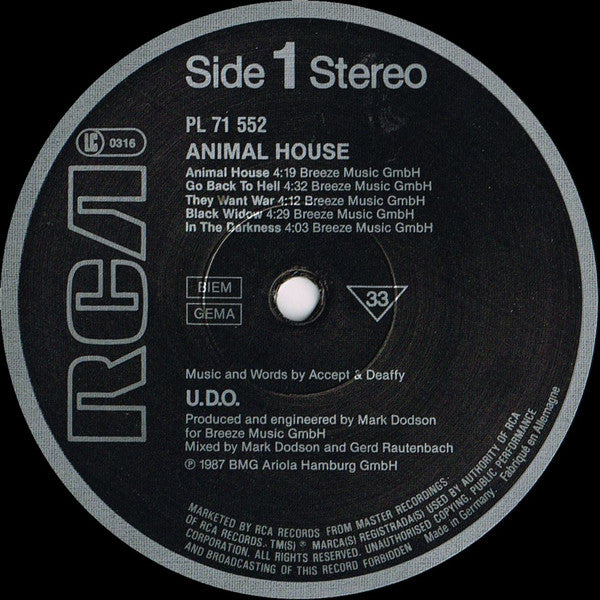 U.D.O. (2) : Animal House (LP, Album)