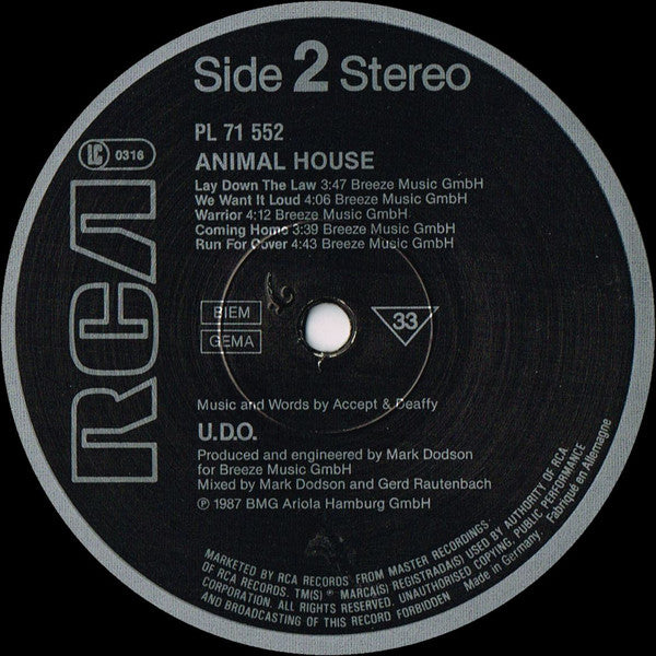 U.D.O. (2) : Animal House (LP, Album)