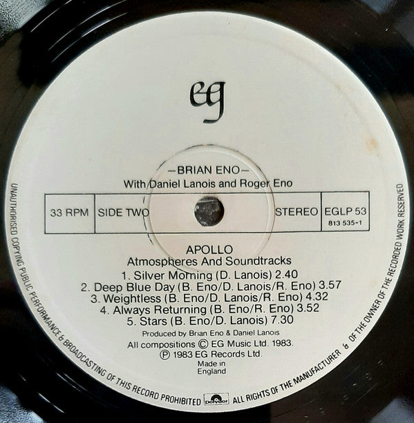 Brian Eno With Daniel Lanois & Roger Eno : Apollo - Atmospheres & Soundtracks (LP, Album)