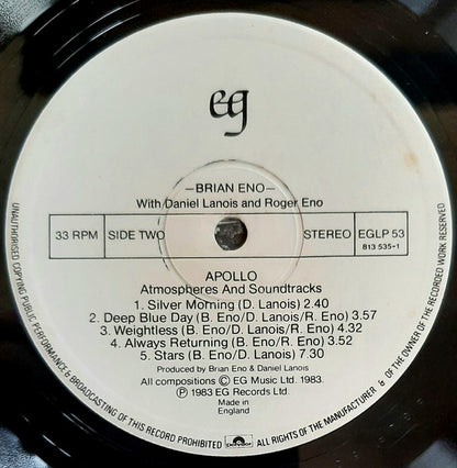 Brian Eno With Daniel Lanois & Roger Eno : Apollo - Atmospheres & Soundtracks (LP, Album)