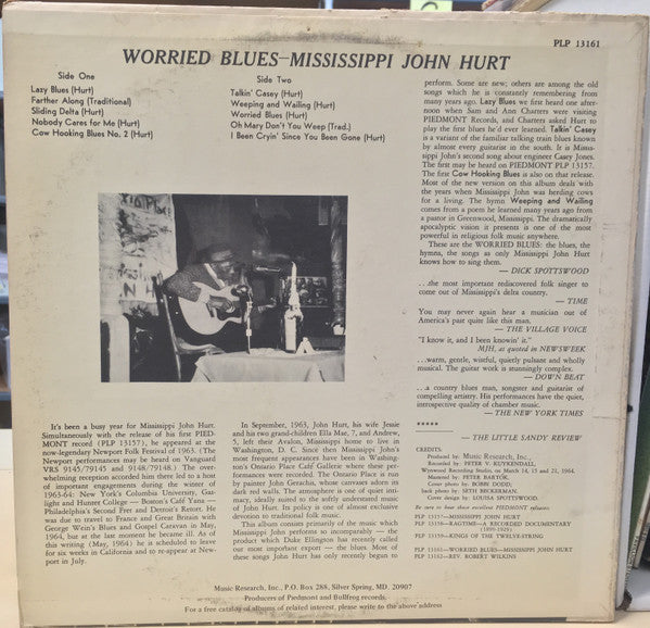 Mississippi John Hurt : Worried Blues (LP, Album, RP, Bla)