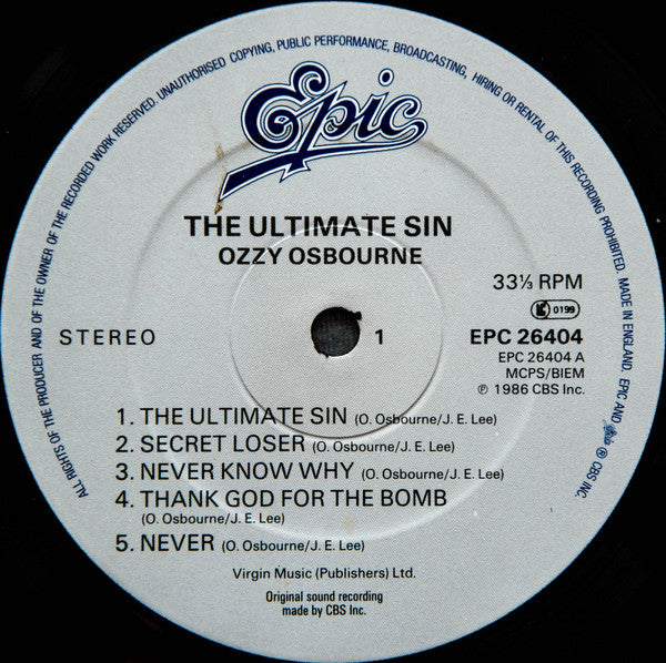 Ozzy Osbourne : The Ultimate Sin (LP, Album)
