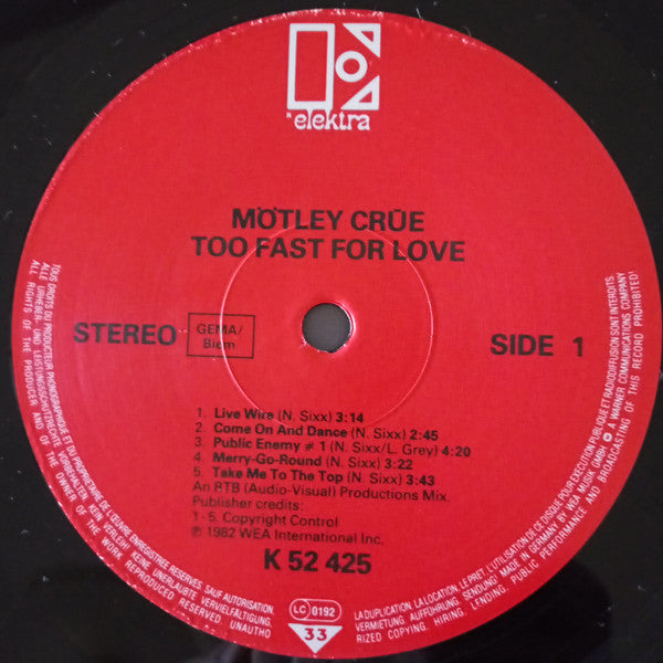 Mötley Crüe : Too Fast For Love (LP, Album, RE)