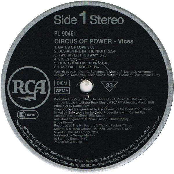 Circus Of Power : Vices (LP, Album)