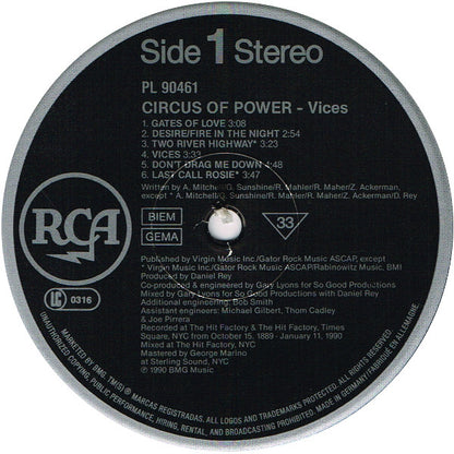Circus Of Power : Vices (LP, Album)