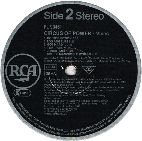 Circus Of Power : Vices (LP, Album)