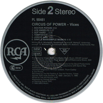 Circus Of Power : Vices (LP, Album)