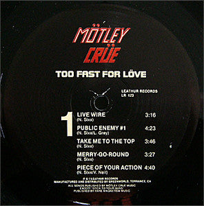 Mötley Crüe : Too Fast For Love (LP, Album, RP, 3rd)