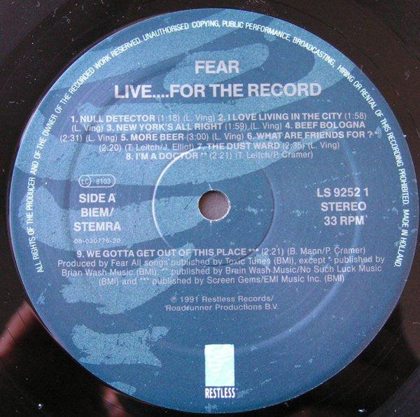 Fear (3) : Live... For The Record (LP, Album)