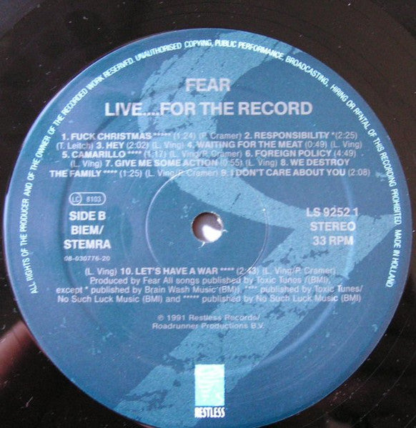 Fear (3) : Live... For The Record (LP, Album)