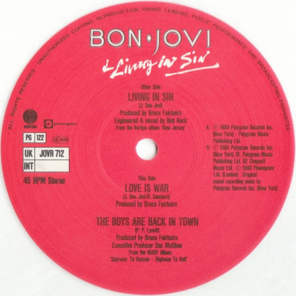 Bon Jovi : Living In Sin (12", Single, Ltd, Whi)