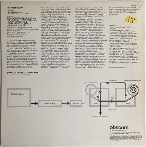 Brian Eno : Discreet Music (LP, Album, RE)