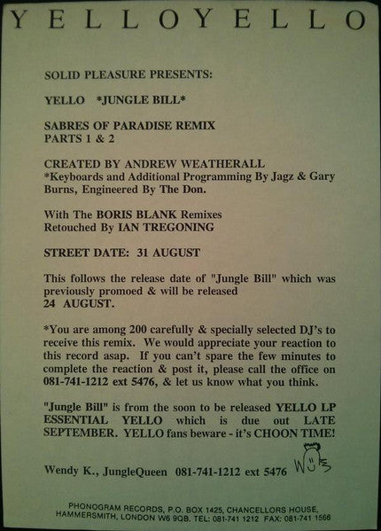 Yello : Jungle Bill (12", Single, Ltd, Promo)
