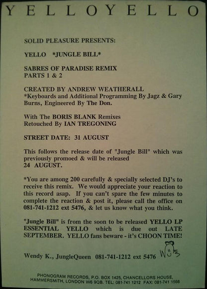Yello : Jungle Bill (12", Single, Ltd, Promo)