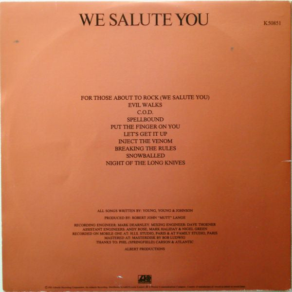 AC/DC : For Those About To Rock We Salute You (LP, Album, Gat)