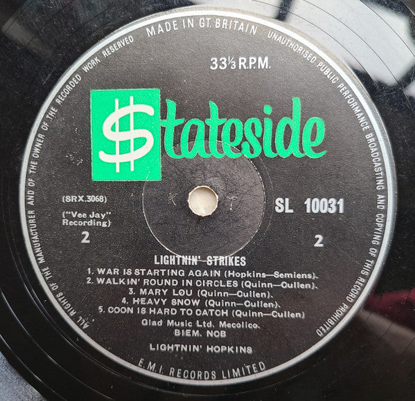 Lightnin' Hopkins : Lightnin' Strikes (LP, Album, Mono)