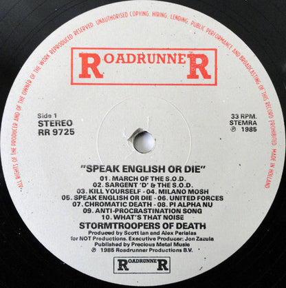 S.O.D.: Stormtroopers Of Death* : Speak English Or Die (LP, Album)