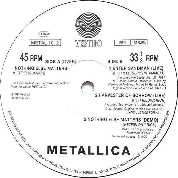 Metallica : Nothing Else Matters (12", Single)
