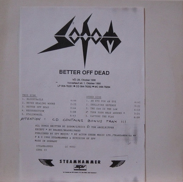 Sodom : Better Off Dead (LP, Album, TP)