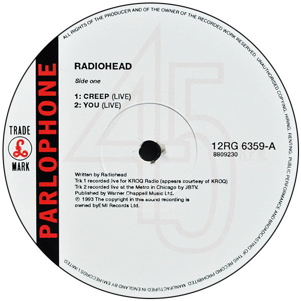 Radiohead : Creep (12", EP, Single, Ltd, Num, Gat)