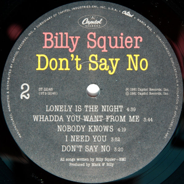 Billy Squier : Don't Say No (LP, Album, Ltd, Promo)