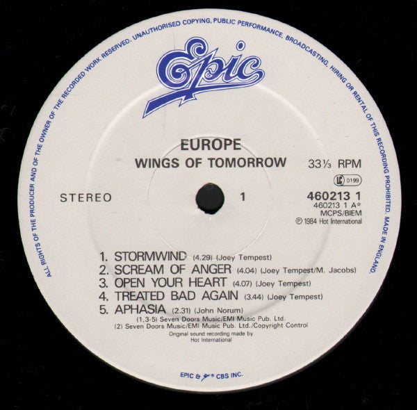 Europe (2) : Wings Of Tomorrow (LP, Album, RE)