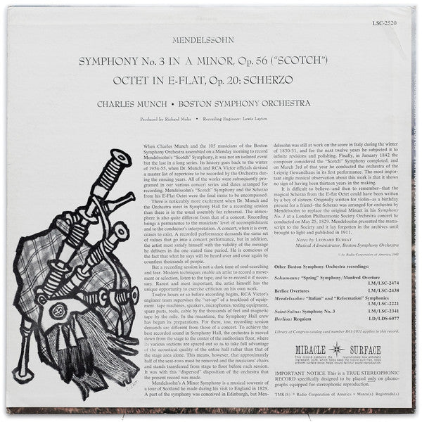 Mendelssohn* / Munch*, Boston Symphony* : Scotch Symphony / Scherzo From Octet In E-Flat (LP, Ind)