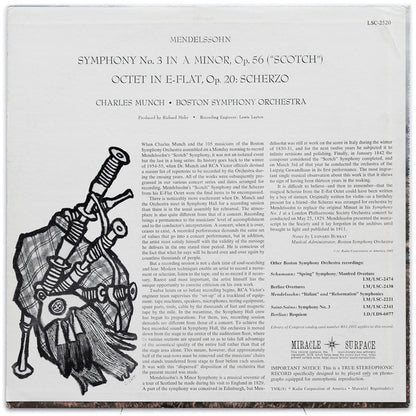 Mendelssohn* / Munch*, Boston Symphony* : Scotch Symphony / Scherzo From Octet In E-Flat (LP, Ind)