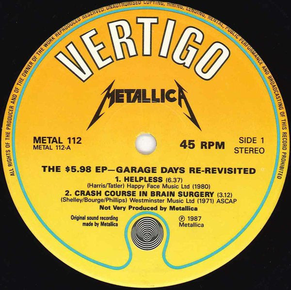 Metallica : The $5.98 E.P. - Garage Days Re-Revisited (12", EP, Maxi)
