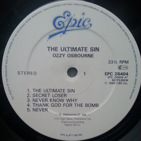 Ozzy Osbourne : The Ultimate Sin (LP, Album)
