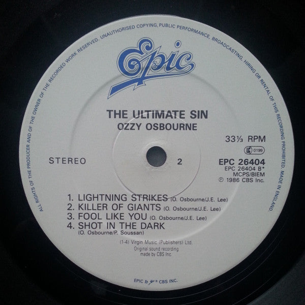 Ozzy Osbourne : The Ultimate Sin (LP, Album)