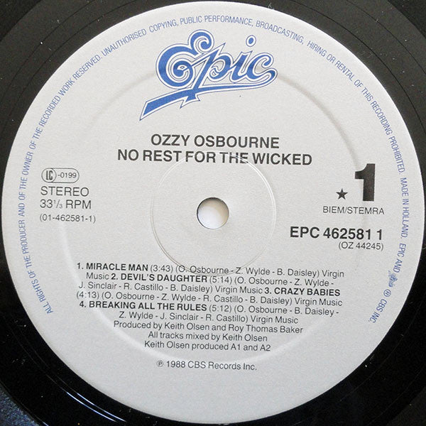 Ozzy Osbourne : No Rest For The Wicked (LP, Album)