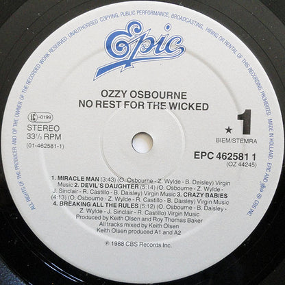 Ozzy Osbourne : No Rest For The Wicked (LP, Album)