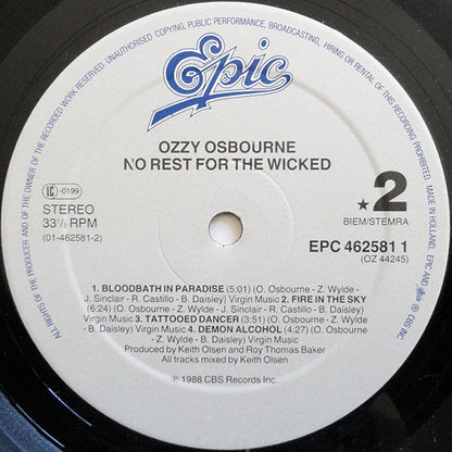 Ozzy Osbourne : No Rest For The Wicked (LP, Album)