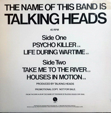 Talking Heads : The Name Of This Band Is Talking Heads (12", Promo, Smplr)
