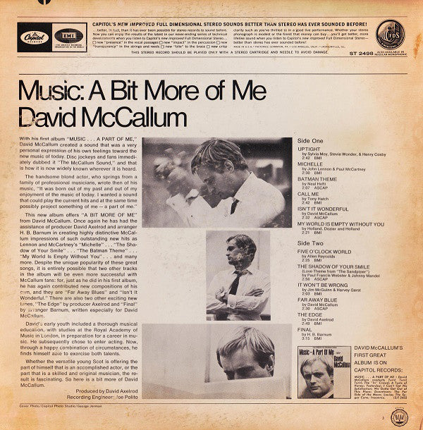 David McCallum : Music: A Bit More Of Me (LP, Album, Scr)