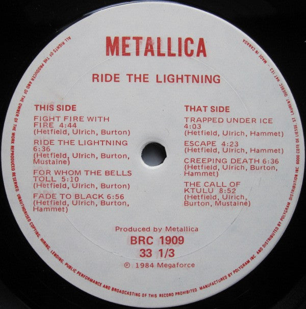 Metallica : Ride The Lightning (LP, Album, Whi)